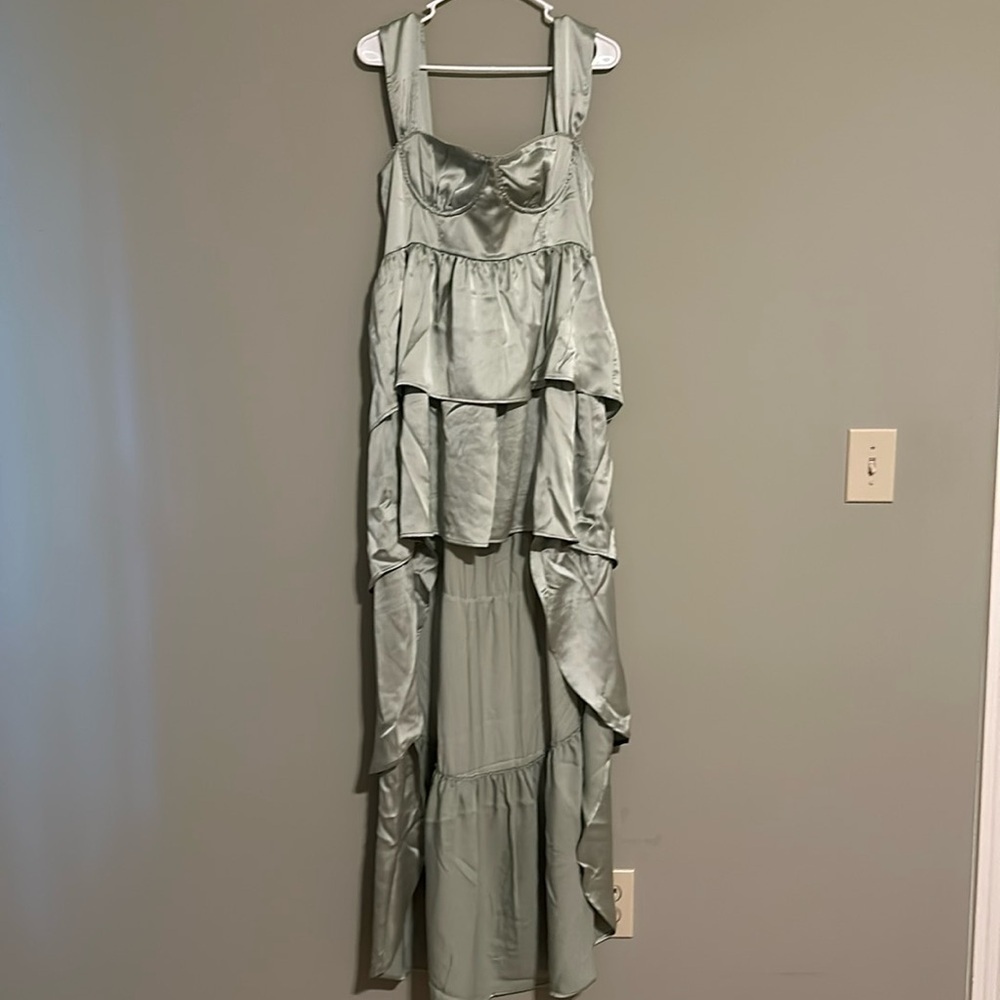 WeWoreWhat Corset High Low Maxi dress in Fog Green 10